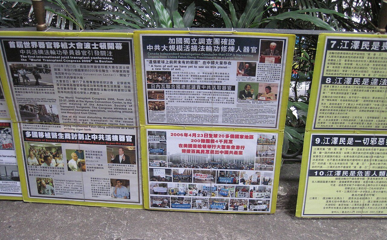 2010 年,香港街头揭露活摘器官的展板:加拿大独立调查团确认,中共正大规模活摘法轮功学员器官——那是「这个星球上前所未