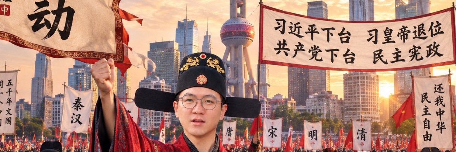 赵燕涛身着中国古代官服、头戴乌纱帽于上海城市天际线前举拳，身后人群高举横幅与旗帜（与 X 主页相同的背景图）